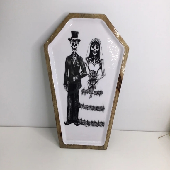Day of the dead bride and groom ceramic wooden serving plate 15" - Picture 1 of 2